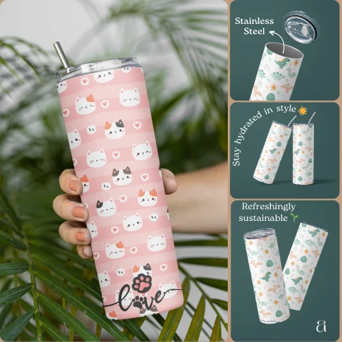 Aestheseals Aesthetic Pink White Pastel Cute Cats Pattern Tumbler Bottle