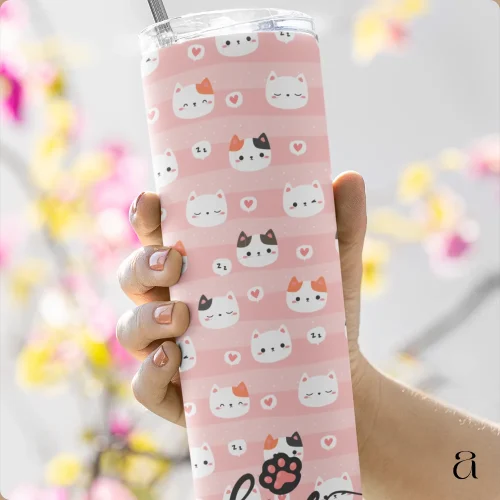 Aestheseals Aesthetic Pink White Pastel Cute Cats Pattern Tumbler Bottle