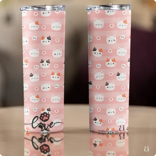 Aestheseals Aesthetic Pink White Pastel Cute Cats Pattern Tumbler Bottle