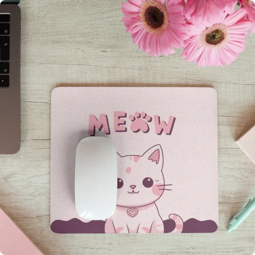 Pink Kitty 'Meow' Mouse Pad by Aestheseals